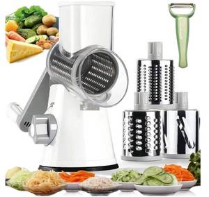 lot 37199 image: Handheld Rotary Cheese Grater Shredder- 3 Interchangeable Stainless Steel Drum Blades Manual Round Mandolin Vegetable Slicer Nut Grinder with Upgraded Strong Suction Base & Free Sharp Peeler - Retail $24