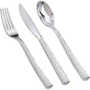 lot 37205 image: 180Pcs Silver Plastic Silverware Set, Elegant Hammered Design Heavy Duty Disposable Cutlery, Includes 60 Forks, 60 Knives, 60 Spoons, Silver Plastic Utensils for Wedding, Parties, Events - Retail $19