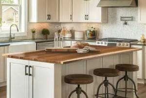 lot 14047 image: Hampton Bay 6 ft. L x 39 in. D Finished Saman Solid Wood Butcher Block Countertop Island in with Live Edge-Retail $549