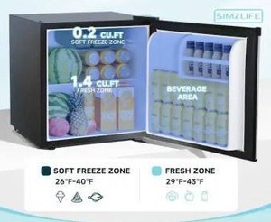 lot 26273 image: SIMZLIFE 17.5 in 1.7 cu. ft. Mini Refrigerator Countertop with Freezer, Reversible Door and Adjustable temp in Silver- Retail $219