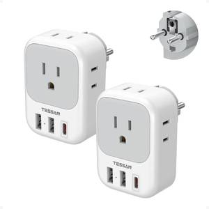 lot 9285 image: TESSAN 2 Pack Type E F Plug Adapter, Germany France Power Travel Adaptor with 3 USB Charger(1 USB C PD 20W), 4 Outlets Schuko Plug for US to Europe Spain Iceland Korea Greece Russia German French