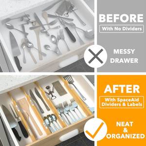 lot 9339 image: SpaceAid Bamboo Drawer Dividers with Labels, Kitchen Adjustable Drawer Organizers, Expandable Organization for Home, Office, Dressers and Bathroom, 6 Dividers (17-22 in)