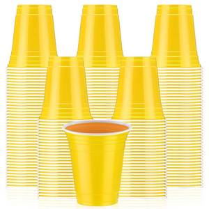 lot 9379 image: Sabary 100 Pack 12oz Plastic Cups Yellow Graduation Heavy Duty Drinking Disposable Cups with Lines for Beverage Holiday Wedding Camping Barbecues Birthday Party Outdoor Picnic(Yellow and White)