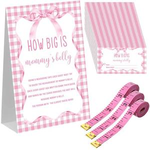lot 9398 image: Sinload 54 Pcs Pink Bow Baby Shower Games Coquette Pink Bow Measure Belly Bump Party Game Include How Big Is Mommys Belly Sign 50 Guessing Cards 3 Measuring Tapes for Baby Shower Party