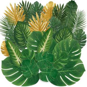 lot 9413 image: Sggvecsy 110 Pieces 11 Kinds Artificial Tropical Palm Leaves Tropical Leaves Monstera Leaves Safari Jungle Leaf with Stems for Hawaiian Luau Party Table Wedding Shower Birthday Theme Decorations