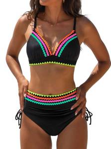 lot 9417 image: popvil High Waisted Bikini Sets for Women Tummy Control Swimsuits 2026 Neon Two Piece V Neck Drawstring Modest Curvy Bathing Suits Ladies Beach (Black) L