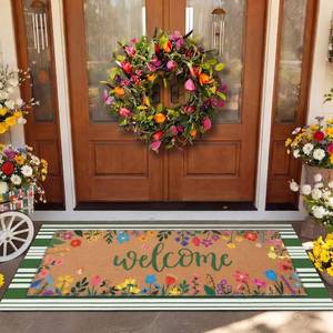 lot 9447 image: Tinideya 2 Pcs Door Mat Welcome Non Slip Coir Mats Floor Layering Doormats Seasonal for Front Porch Entryway Decor(16.14 x 47.24 Inches,Spring Flowers,Green Brown)