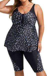 lot 9450 image: Hanna Nikole Plus Size Two Piece Swimdress with Capris Pants for Women Flowy Tankini Bathing Suits Blue�White Dots 22 Plus