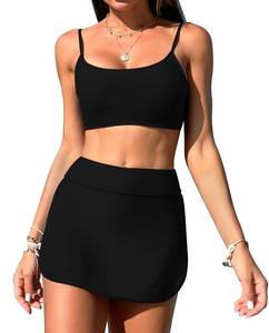 lot 9458 image: Pink Queen Womens Two Piece Bikini Set Swimsuit Cross Back Sports Bra with Swim Skirt Athletic Bathing Suit Black XL