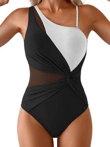 lot 9461 image: Aidonger One Shoulder One Piece Swimsuit for Women Mesh Tummy Control Bathing Suit Twist Swimwear with Removable Strap Maroon XL