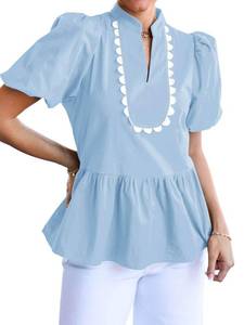 lot 9468 image: Cicy Bell Womens Puff Sleeve Peplum Blouses Ruffle V Neck Summer Casual Tops Babydoll Loose Fit Shirts Sky Blue M