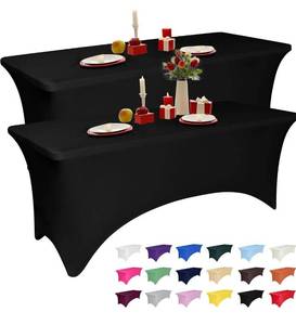 lot 9470 image: 2 Pack 5 Feet Black Spandex Tablecloth for Rectangular Tables, Fitted & Stretch, Washable, Wrinkle Resistant, Perfect for Event, Wedding, Party, Banquet, Cocktail, Festival, and Table Protector