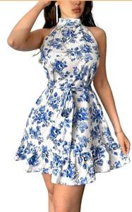 lot 9472 image: Grace Karen Elegant Floral Print Sleeveless Dress Choker Neck Ruffle Hem Knee-Length Spring Summer Fall Events Dress 14Y