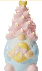 lot 9507 image: WDS WONDROUS Easter Decorations Lighted Gnome Figurine, Ceramic Battery Operated LED Easter Decor with Pink Hair Holding Egg, Spring Home Decor, Table Centerpiece, Indoor Gnome