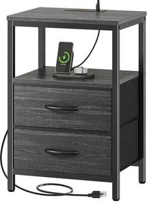 lot 9526 image: Huuger Nightstand with Charging Station, Fabric Drawers, End Table with Open Shelf, Bedside Table with USB Ports and Outlets, Night Stand for Bedroom, Charcoal Black Wood Grain Print