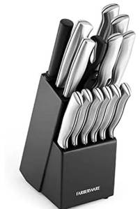 lot 9530 image: Farberware 15-Piece Kitchen Knife Set, High-Carbon Stainless Steel Blades with Wood Block, Steak Knives, Sharpening Tool & All-Purpose Shears, Razor Sharp, Ergonomic Stainless Steel Handles