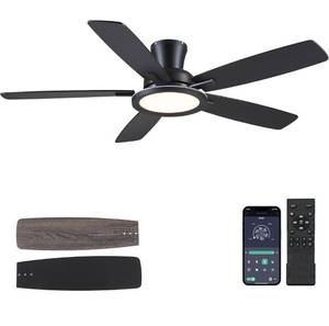 lot 9535 image: BYKISTOK 52 Flush Mount Ceiling Fan with Lights and Remote - Black Modern Ceiling Fan, Reversible and 5 Dual-Sided Blades, Low Profile Fan Light for Indoor Bedroom, Covered Patios