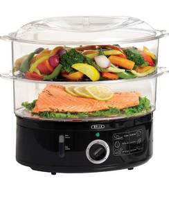 lot 9546 image: BELLA Two Tier Food Steamer with Stackable Baskets & Removable Base for Fast Simultaneous Cooking - Auto Shutoff & Boil Dry Protection, 7.4 QT, Black