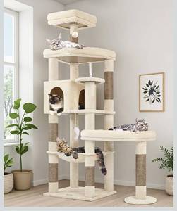 lot 9567 image: Globlazer Extra Large Platform Cat Tree, 65in Tall Sturdy Cat Tree for Indoor Cats Large Adult, Big Cat Tower for Big Cats with 3 Enlarged Perches, 6 Scratching Posts, Cat Condo, Hammock, S65, Beige