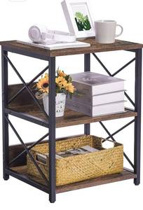 lot 9607 image: Giikin End Table, Nightstand with 3-Tier Storage Shelf, Side Table with Storage and X-Shaped Steel Frame for Living Room, Bedroom, Farmhouse Style, Industrial, Rustic Brown