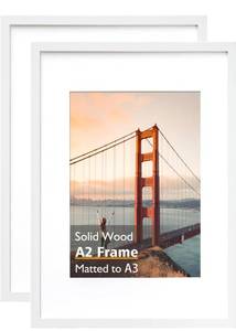 lot 9633 image: KINLINK A2 Picture Frames White, Solid Wood Frames with Acrylic Plexiglass 16.5 x 23.5 Frame for Pictures A3 with Mat or A2 without Mat Wall Mounting Display, Set of 2