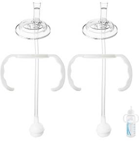 lot 9638 image: Straw Sippy Cup Conversion Kit for Dr Brown Narrow Nack Baby Bottles, Soft top and Weighted Ball Transition Cup Kit with Handles, Set of 2