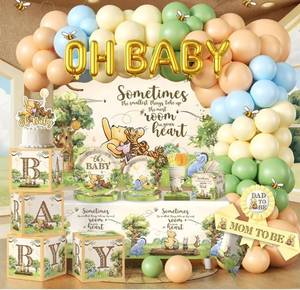 lot 9642 image: 336pcs Classic Bear Baby Shower Decorations, Neutral All-in-one Complete Party Set with 25pcs Plates, 2 Tablecloths, Backdrop Cake Cupcake Topper for Bear Party Decor, 25 Guests