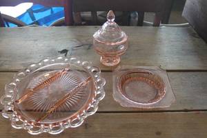 lot 4858 image: Vtg. Pink Despression Glass Relish Dish & More
