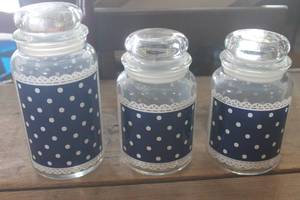 lot 4875 image: 3 Blue Polka Dot Glass Canisters