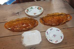 lot 4902 image: Vtg. Ironstone Soap Dish, Amber Glass Relish Dishes & More