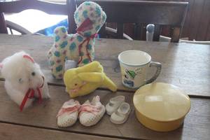 lot 4924 image: Vtg. Made in Japan Baby Cup, Doll Shoes & More