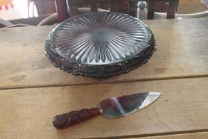 lot 4972 image: Vtg. Red Glass Cake Stand & Knife