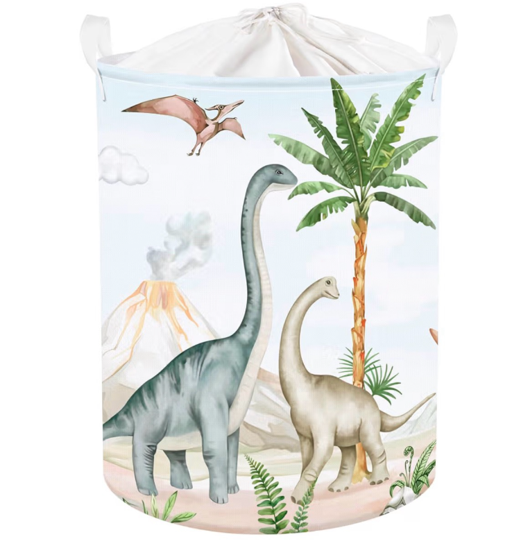 lot 4051 image: Clastyle Large Dinosaur Kid Storage Basket Baby Laundry Hamper Palm Tree Boy Gift Toy Box Collapsible Clothes Organizer Nursery Bin for Bedroom, Volcano, 36  45 cm - Retail $0