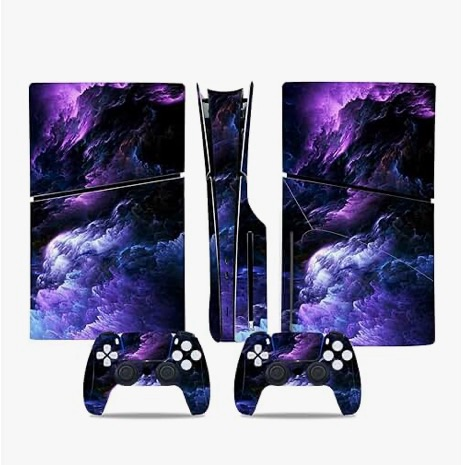 lot 4157 image: Skin Sticker for PS5 Slim Disc Console, Protective Skin Game Accessories Decal Cover (Purple) (design may vary, see pics) - Retail $0