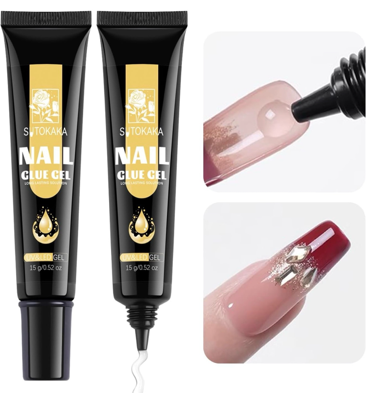 lot 4193 image: SUTOKAKA Gel Nail Glue for Nails Tips, 2pcs 15g Super Strong Solid Gel Soak Off for Acrylic Extensions Fake Nails Press On Nails U V Lamp Curing Needed Long Lasting Gel Glue Kit - Retail $0