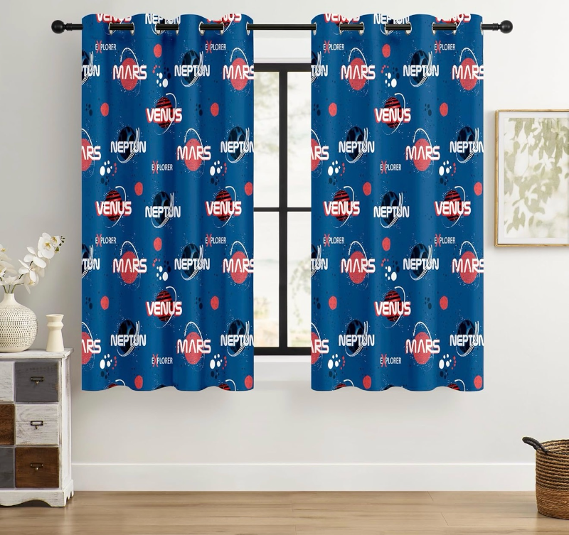 lot 4204 image: Kids Space Mars Blackout Curtains - 100% Blackout, Thermal Insulated, Noise Reducing,Bring The Cosmos Closer to Kids Room, 2 Panels (Planet Parade, W52�L63) - Retail $0