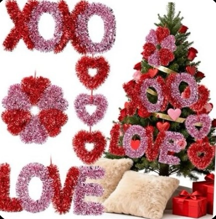 lot 4258 image: Soulchen 4 Pcs 13.78 Inch Valentines Day Tree Decorations Large Heart Glitter Tinsel Ornaments Love XOXO Valentine Heart Tree Topper Red Pink Metallic Foil Wreath for Party Door Wall Indoor Outdoor - Retail $0