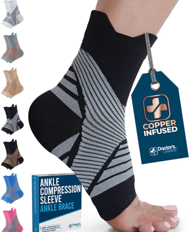 lot 4310 image: Doctors Select Copper Ankle Sleeve - Copper Ankle Braces for Men, Ankle Support Foot Brace, Toeless Compression Socks, Blac - Retail $0