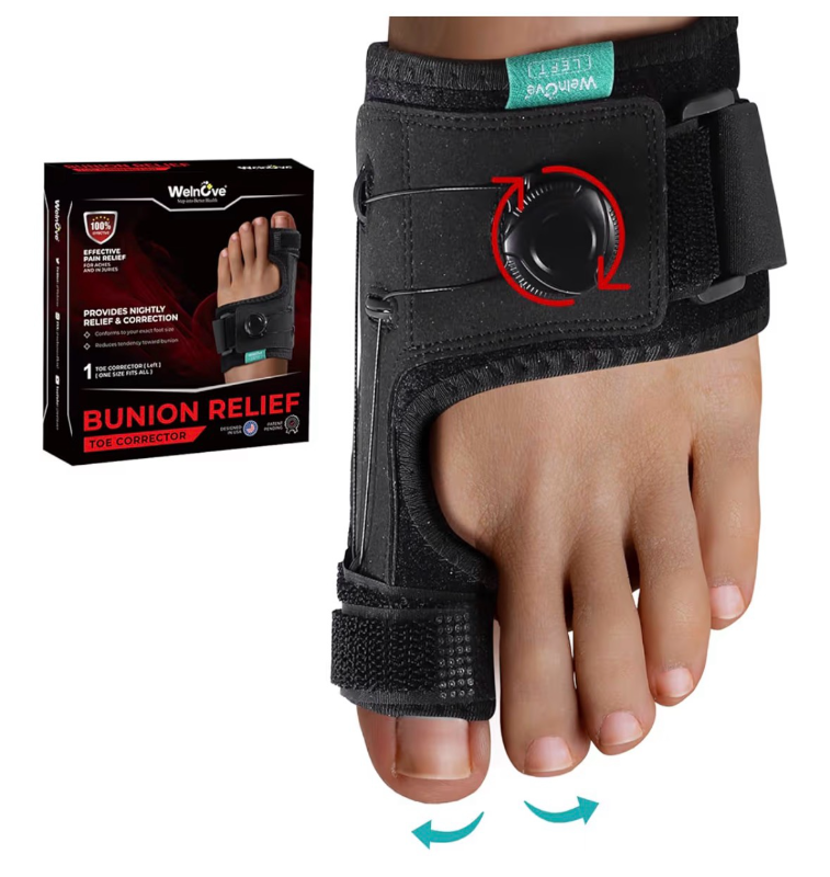 lot 4366 image: Welnove Bunion Corrector for Men Big Toe - Bunion Splint Brace - Orthopedic Big Toe Straightener - Adjustable Knob Bunion Correction for Left Feet Bunion Relief (1 Pcs), Black - Retail $0