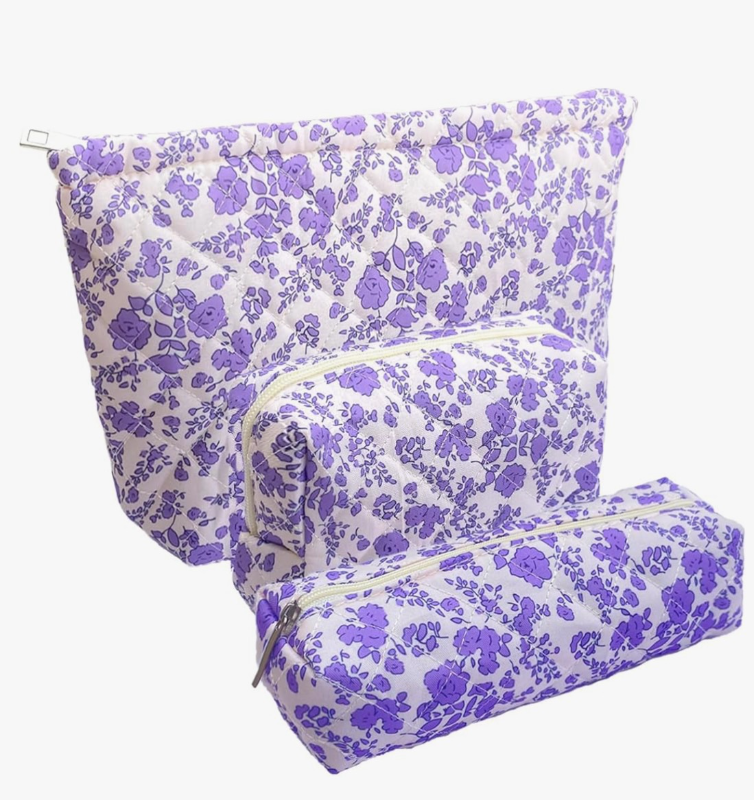 lot 4368 image: 3 Piece Purple Quilted Floral Makeup Bag Set Small Cosmetic Bag For Women Cute Cotton Makeup Pouch For Purse - Retail $0