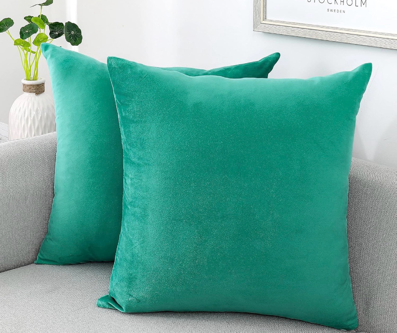 lot 4377 image: iNi ALL Decorative Throw Pillow Covers Velvet Soft for Couch Sofa Bedroom Living Room Outdoor Pack of 2 18x18 Inch Aqua Green - Retail $0