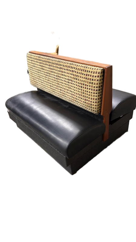 lot 101 image: vintage-style double restaurant booth seat featuring black vinyl upholstery and a patterned fabric - Retail $400