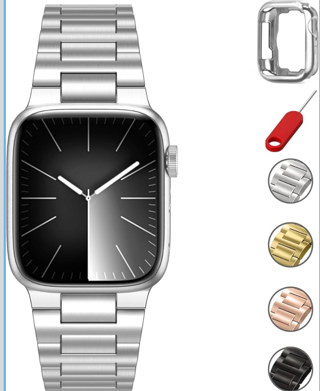 lot 4481 image: COGIFT Stainless Steel Band Compatible with Apple Watch 45mm 44mm 42mm for Men Women, Metal iWatch Band with Case for Apple Watch Series987654321SESE2 Silver - Retail $0