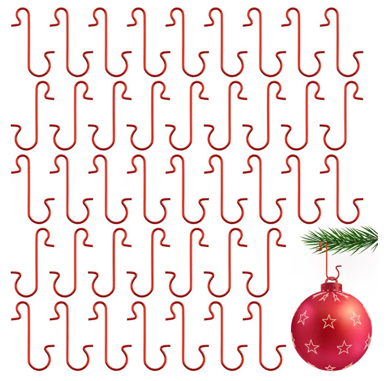 lot 4563 image: 100 Pack Ornament Hooks, Christmas Ornament Hooks for Christmas Ornaments Metal Wire Hooks Ornament Hangers with Storage Box for Xmas Tree Outdoor Decorations, Red - Retail $0