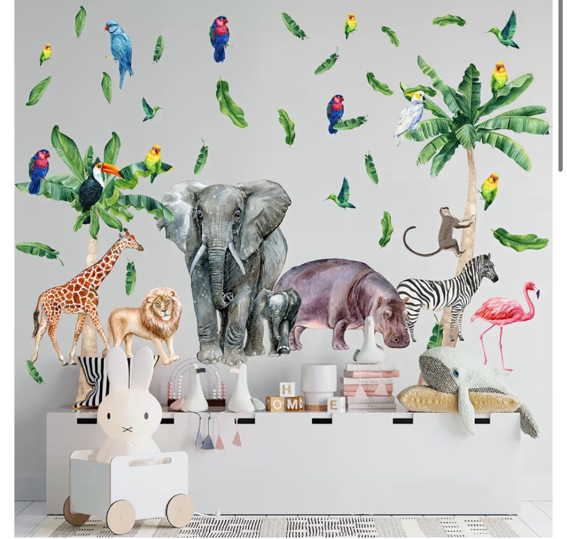 lot 4566 image: Safari Animal Wall Decals for Kids by Lipastick-Peel and Stick Jungle Stickers Giraffe, Elephant, Hippo, Palm Tree, Parrot for Toddlers Room, Nursery, Playroom, Classroom, Daycare Decor Art- M Size - Retail $0