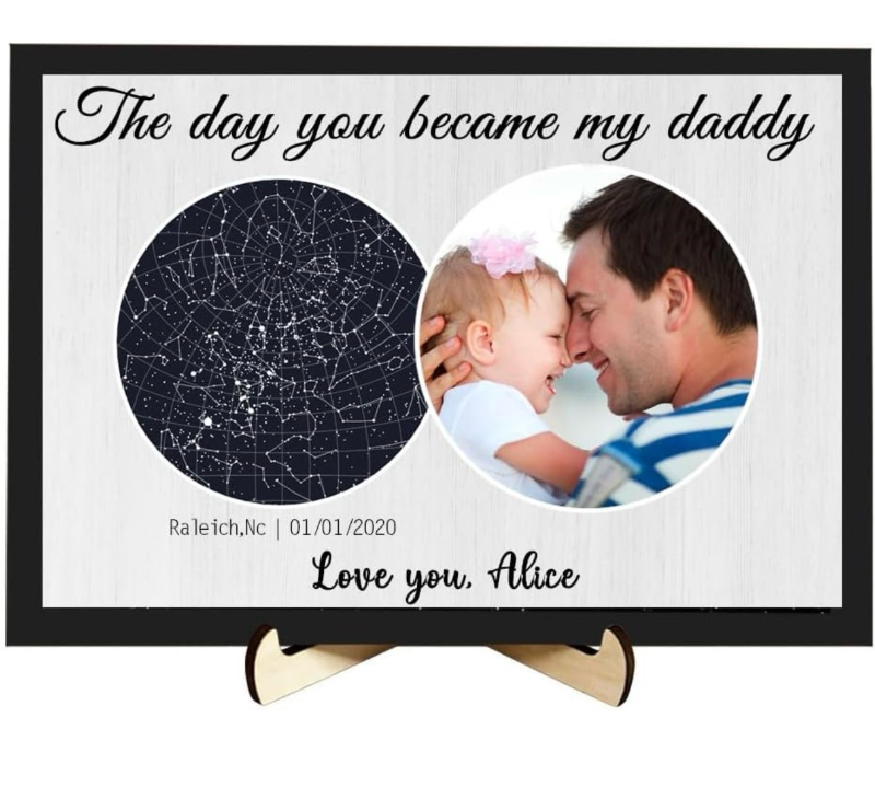lot 4631 image: Custom Star Map Photo Plaque,Personalized The Day You Became My Daddy with Kids Name Birth Date Wooden Sign Frame,Fathers Day Birthday Gifts for Dad Grandpa from Daughter Son, Style 3 - Retail $0