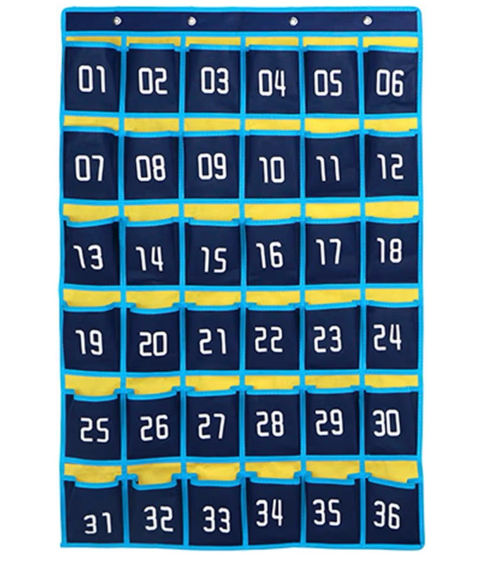 lot 4641 image: Loghot Classroom Accessories Closet Pocket Chart for Cell Phones Holder Wall Door Hanging Organizer (36 Pockets Blue) - Retail $0