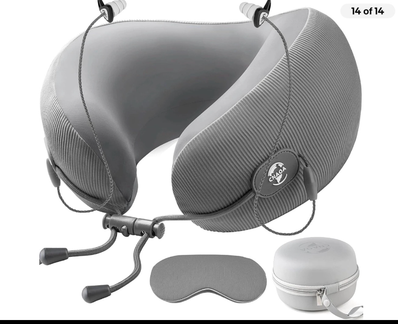 lot 4691 image: CNAOA Travel Pillow for Airplanes, Neck Pillow eases Neck and Shoulder Pain on Long Flights, Adaptive Memory Foam Sleep Support, Portable Carry Case, Eye Mask and Earplugs Travel Set(Grey I) - Retail $0