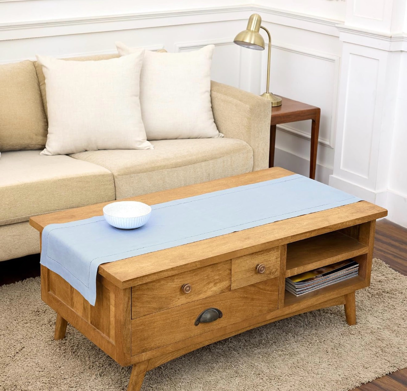 lot 4724 image: Solino Home Linen Light Blue Table Runner 48 Inches - Classic Hemstitch, 100% Pure Linen Coffee Table Runner 14 x 48 Inch Ideal for Dresser Tables, Spring, Summer - Retail $0