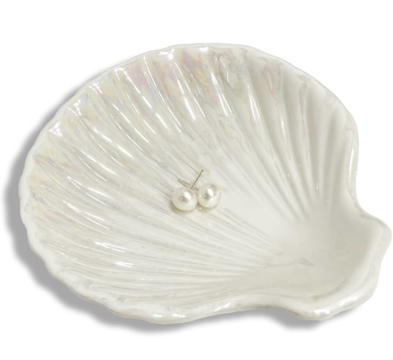 lot 4768 image: Ring Dish Shell Shape Ceramic Jewelry Dish Tray, Decorative Trinket Dish Organizing Rings Earrings Necklaces Keys, Mothers Day Christmas Birthday Gifts for Women, 3.9, White Iridescent Surface - Retail $0
